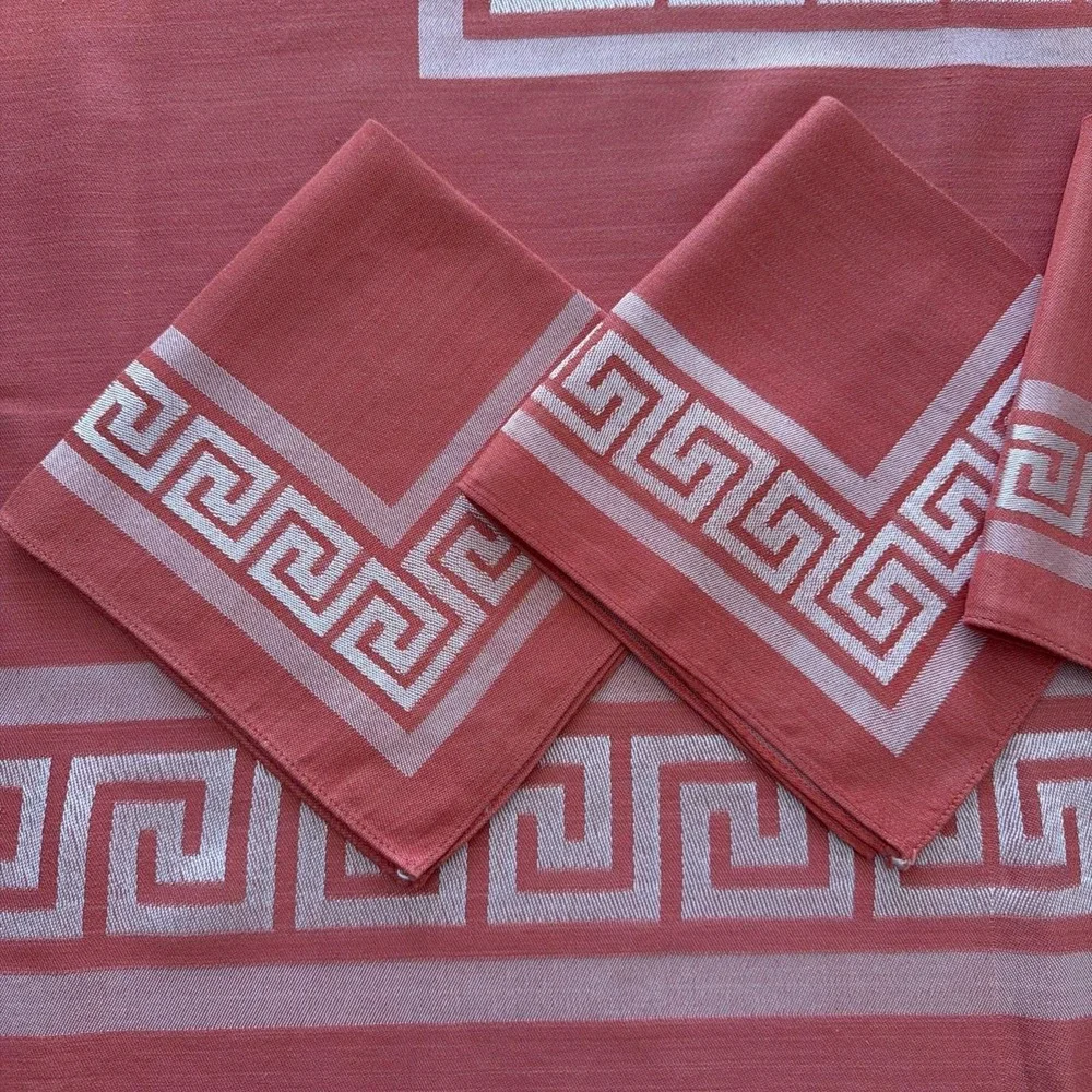 Greek Key Coral Salmon Square Tablecloth and Napkins 48
